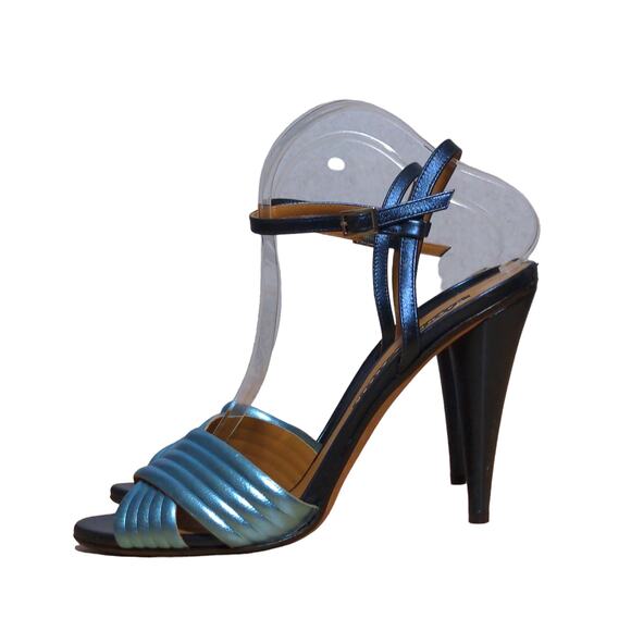 Veronica Beard Olympia Quarter Strap Sandals Heels Blue Leather Ankle 41 - Picture 4 of 13